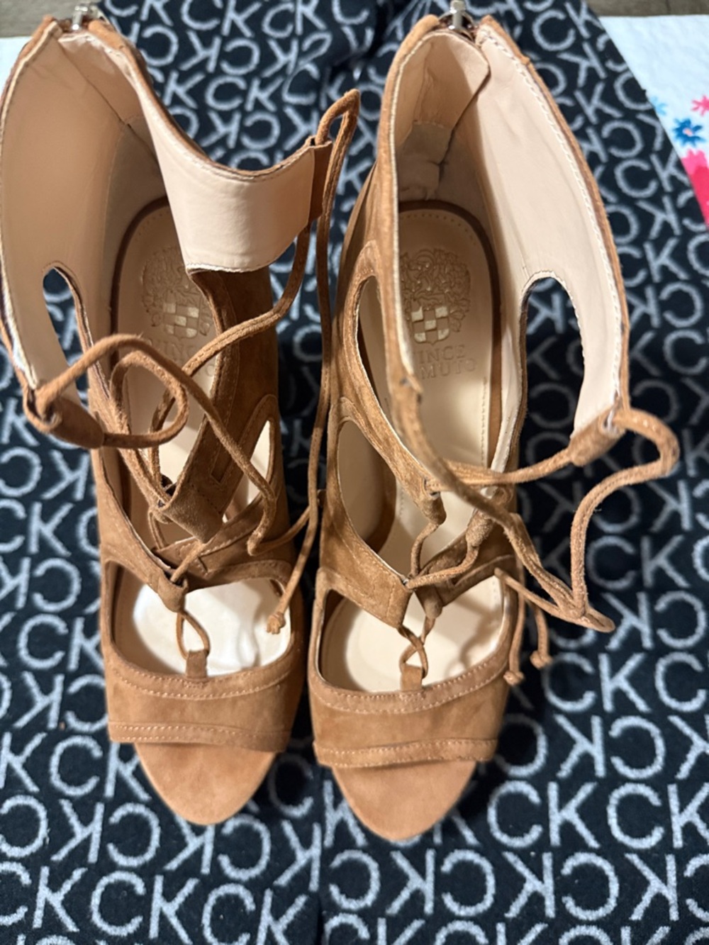 Vince Camuto Tan Suede Lace-Up Peep-Toe Heels